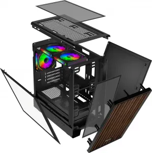 EVOLVEO Panthera, mATX skriňa, 3x ARGB 120 mm ventilátor, drevený predný panel + sklenený bočný panel