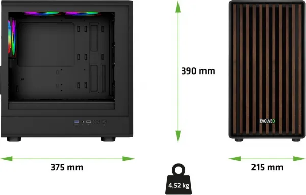 EVOLVEO Panthera, mATX skriňa, 3x ARGB 120 mm ventilátor, drevený predný panel + sklenený bočný panel