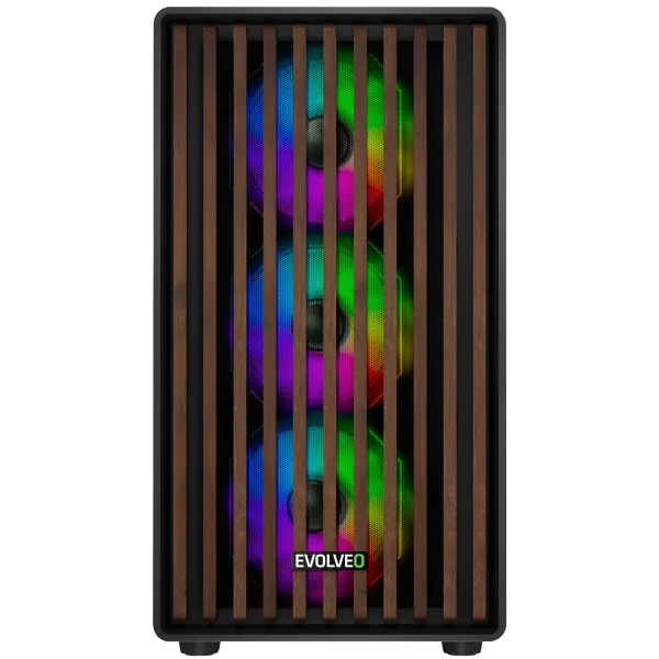 EVOLVEO Panthera, skříň mATX, 6x ARGB ventilátor 120mm, dřevěný přední panel + skleněná bočnice
