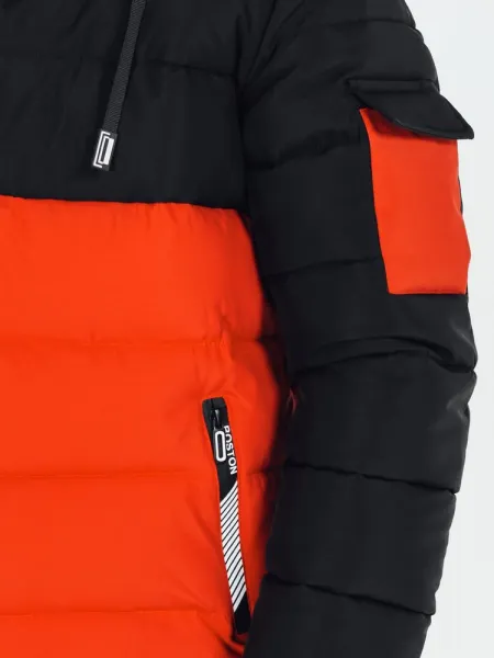 Trendy zimná bunda s kapucňou čierna a oranžová