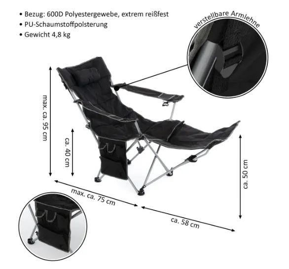 Divero 75907 Kempingová stolička s odnímateľnou podnožkou, čierna