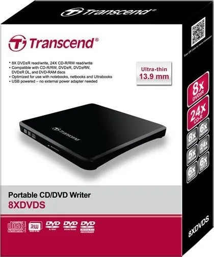 Externá DVD napaľovačka TRANSCEND slim, USB 2.0, čierna (+CyberLink Media Suite 10)