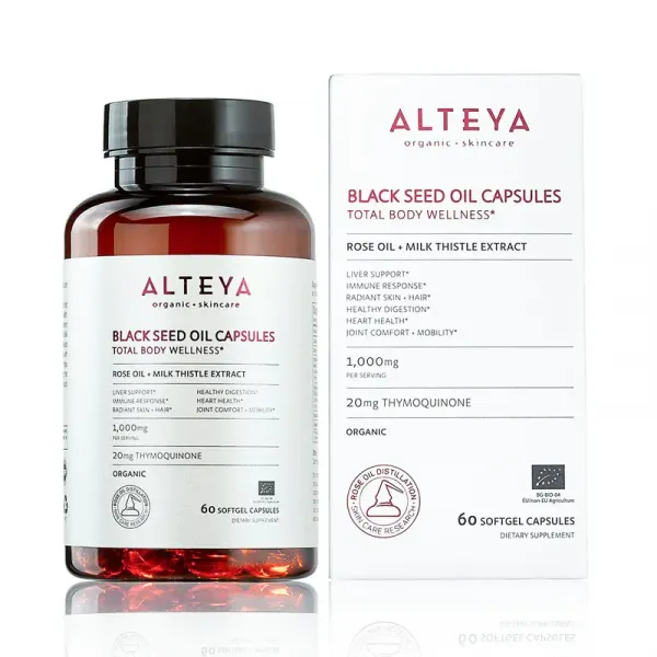 Kapsuly s rascovým olejom, ružovým olejom a extraktom ostropestreca Alteya Organics 60 kapsúl