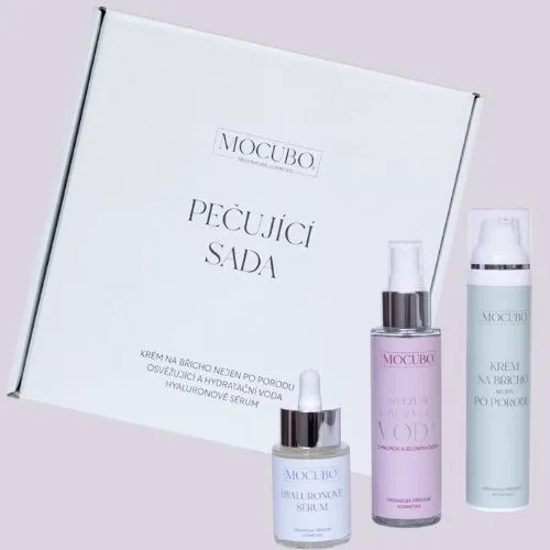 Ošetrujúca sada (osviežujúca a hydratačná voda, hyaluronové sérum, krém na brucho) MOCUBO