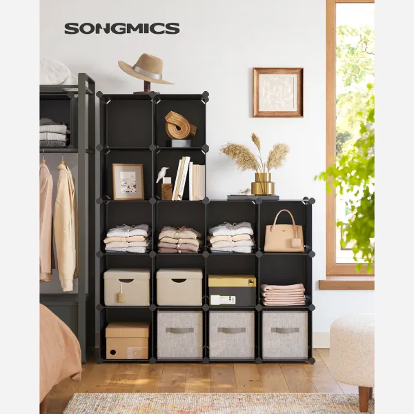 SONGMICS Variabilný plastový regál s 16 boxami 30 x 30 cm čierny