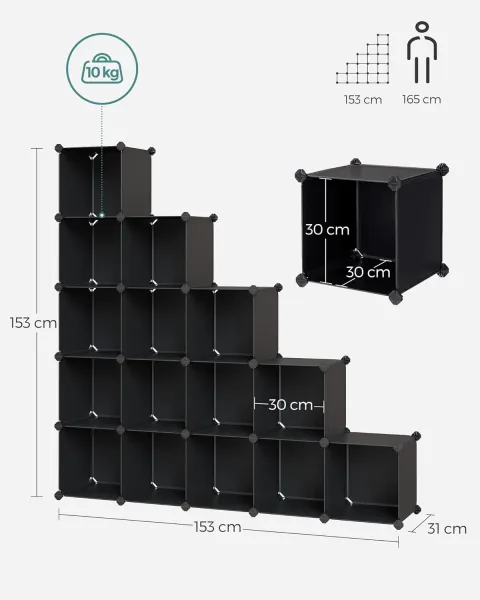 SONGMICS Variabilný plastový regál s 16 boxami 30 x 30 cm čierny