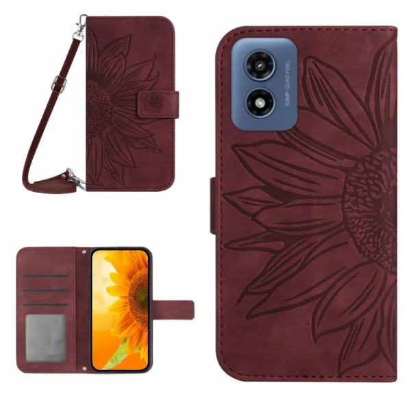 ART SUNFLOWER Peňaženkový obal so šnúrkou pre Motorola Moto E14 bordový