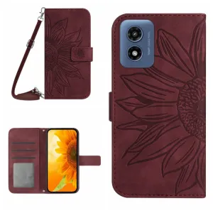 ART SUNFLOWER Peňaženkový obal so šnúrkou pre Motorola Moto E14 bordový