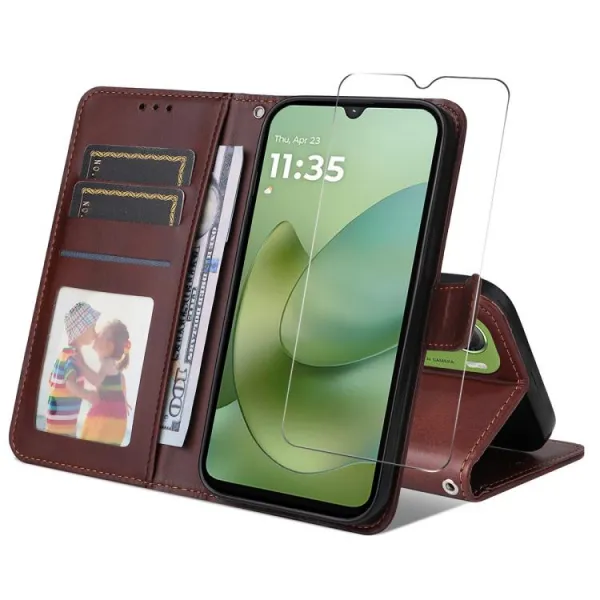 ENKAY PREMIUM SET Peňaženkové puzdro a ochranné sklo Motorola Moto G06 / G06 Power hnedé