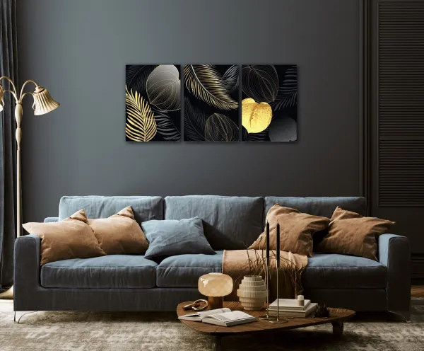 Impresi Obraz Abstraktné kvety čierno zlaté - 150 x 70 cm (3 dielny)
