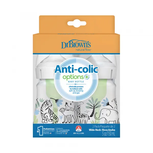 Dojčenská fľaša Džungľa options+ Wide Neck 150 ml Anti-colic – 2 ks (WB52014)