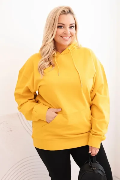 Legínovo Dámska mikina s očkami Plus Size bavlnená s kapucňou a klokaním vreckom horčicová Farba: Hnedá, Veľkosť: 2XL