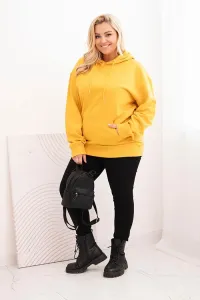 Legínovo Dámska mikina s očkami Plus Size bavlnená s kapucňou a klokaním vreckom horčicová Farba: Hnedá, Veľkosť: 2XL