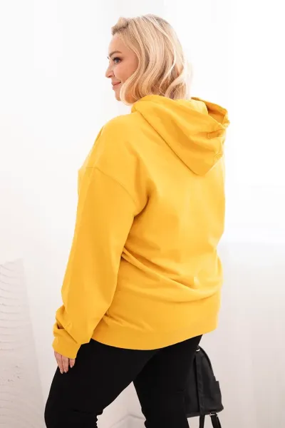 Legínovo Dámska mikina s očkami Plus Size bavlnená s kapucňou a klokaním vreckom horčicová Farba: Hnedá, Veľkosť: 2XL