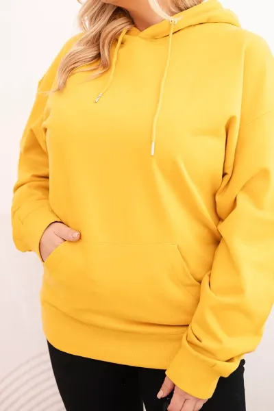 Legínovo Dámska mikina s očkami Plus Size bavlnená s kapucňou a klokaním vreckom horčicová Farba: Hnedá, Veľkosť: 2XL