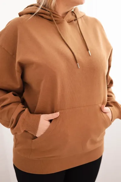 Legínovo Dámska mikina s očkami Plus Size bavlnená s kapucňou a klokaním vreckom horčicová Farba: Hnedá, Veľkosť: 2XL