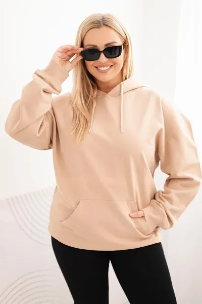 Legínovo Dámska mikina s očkami Plus Size bavlnená s kapucňou a klokaním vreckom horčicová Farba: Hnedá, Veľkosť: 2XL