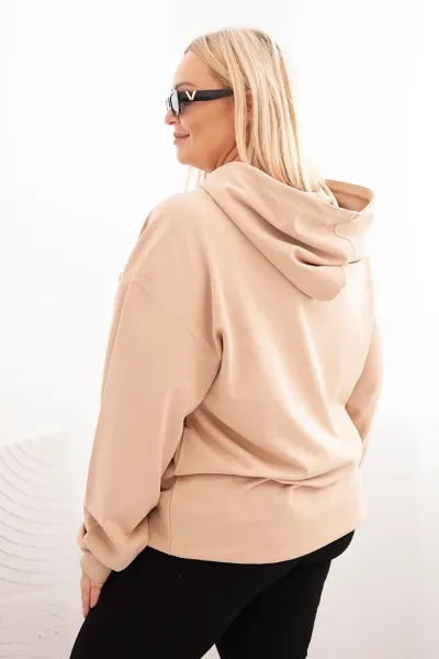 Legínovo Dámska mikina s očkami Plus Size bavlnená s kapucňou a klokaním vreckom horčicová Farba: Hnedá, Veľkosť: 2XL