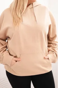 Legínovo Dámska mikina s očkami Plus Size bavlnená s kapucňou a klokaním vreckom horčicová Farba: Hnedá, Veľkosť: 2XL