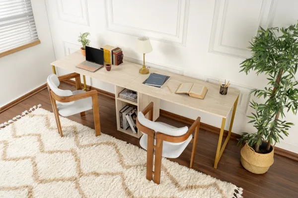 Kalune Design Kancelářská sestava pro 2 osoby TWIN travertin/zlatá