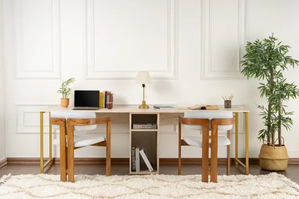 Kalune Design Kancelářská sestava pro 2 osoby TWIN travertin/zlatá