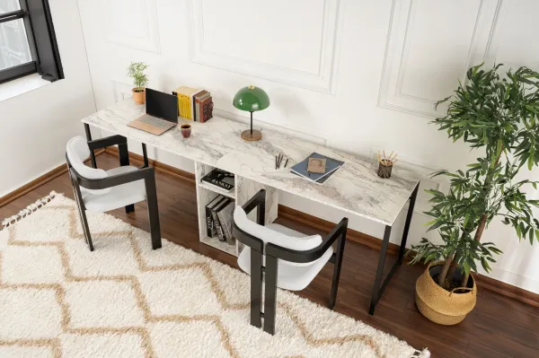 Kalune Design Kancelářská sestava pro 2 osoby TWIN bílý mramor/černá