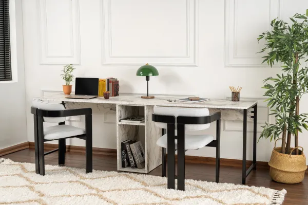 Kalune Design Kancelářská sestava pro 2 osoby TWIN bílý mramor/černá