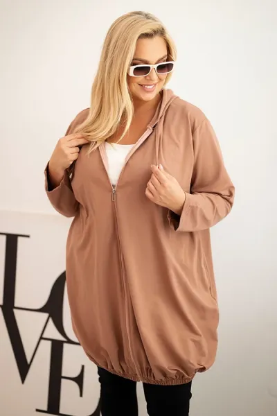 Legínovo Dámska bavlnená mikina Plus Size s kapucňou a zipsom cappuccino Farba: Modrá, Veľkosť: UNI