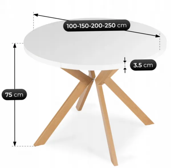 JAKS Okrúhly rozkladací stôl Lukas biely 100 - 250 cm škandinávsky dub