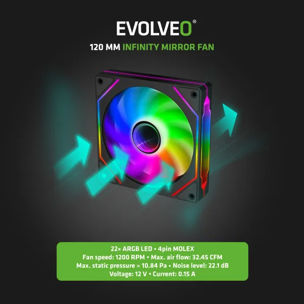 EVOLVEO 120UX-M, ventilátor, 120mm, 4pin molex, ARGB, master, černý