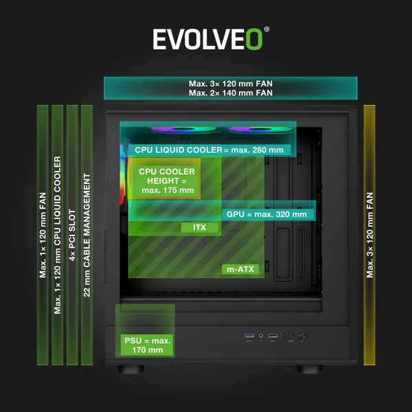 EVOLVEO Panthera, mATX skriňa, 6x ARGB 120 mm ventilátor, drevený predný panel + sklenený bočný panel