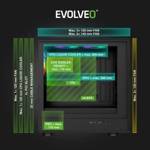 EVOLVEO Panthera, mATX skriňa, 6x ARGB 120 mm ventilátor, drevený predný panel + sklenený bočný panel