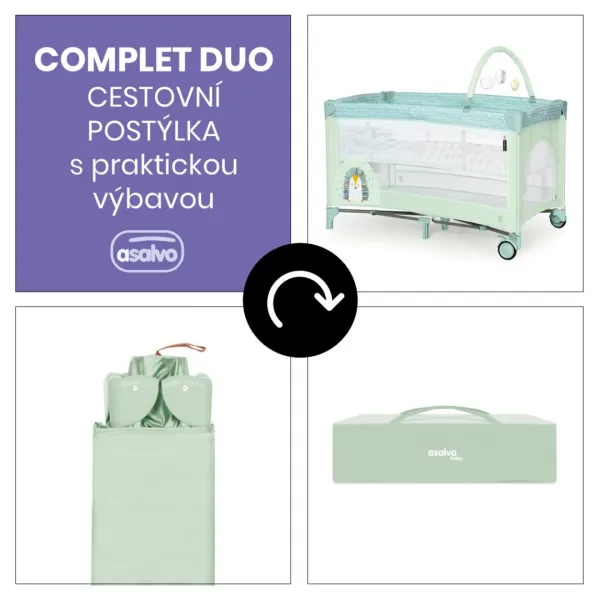 Asalvo COMPLET DUO cestovná postieľka s druhým dňom a hrazdičkou, hedgehog