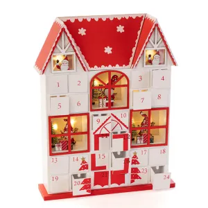 Drevený LED adventný kalendár so zásuvkami DOMČEK červený
