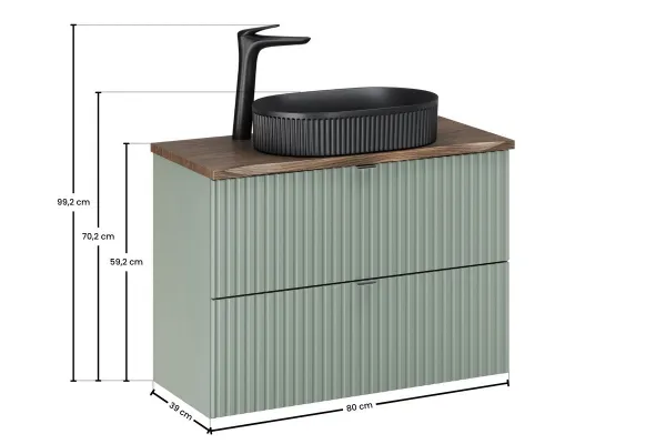 Comad Závesná skrinka Line Reed Green Beyond s doskou a umývadlom 80 cm zelená/dub casella