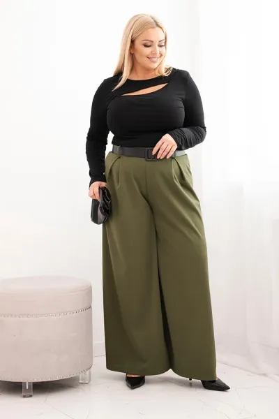 Legínovo Dámske nohavice Plus Size so širokými nohavicami a khaki opaskom Farba: Khaki, Veľkosť: UNI