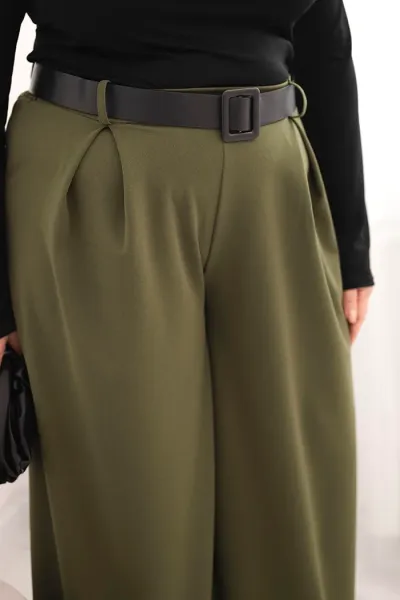 Legínovo Dámske nohavice Plus Size so širokými nohavicami a khaki opaskom Farba: Khaki, Veľkosť: UNI