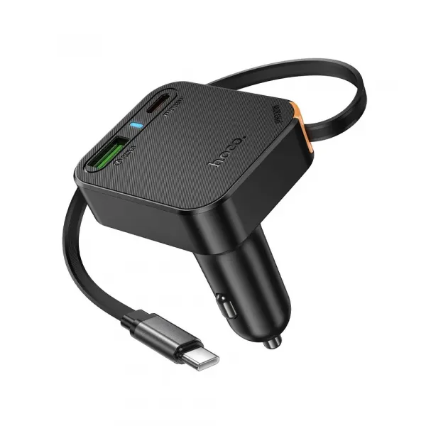 Hoco autonabíjačka so zatahovacím káblom 2x USB-C + USB-A, QC, PD, 65W, čierna
