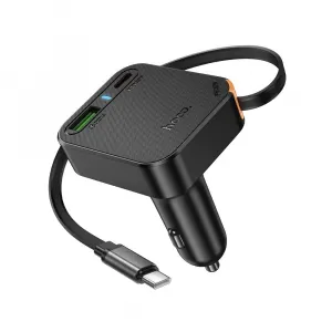 Hoco autonabíjačka so zatahovacím káblom 2x USB-C + USB-A, QC, PD, 65W, čierna