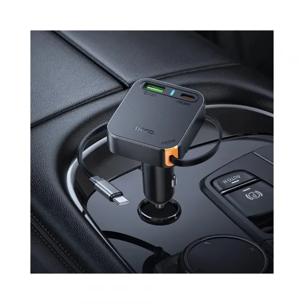 Hoco autonabíjačka so zatahovacím káblom 2x USB-C + USB-A, QC, PD, 65W, čierna