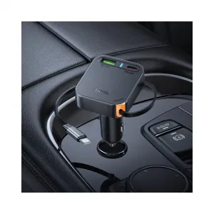 Hoco autonabíjačka so zatahovacím káblom 2x USB-C + USB-A, QC, PD, 65W, čierna