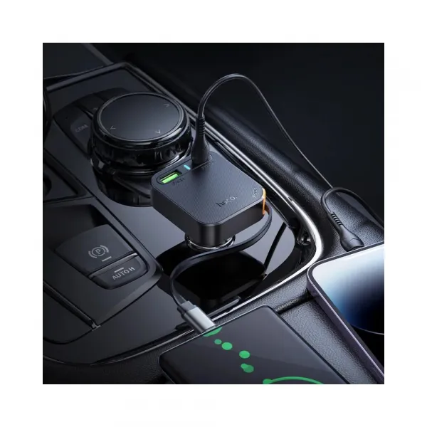 Hoco autonabíjačka so zatahovacím káblom 2x USB-C + USB-A, QC, PD, 65W, čierna