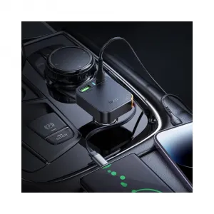 Hoco autonabíjačka so zatahovacím káblom 2x USB-C + USB-A, QC, PD, 65W, čierna