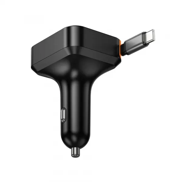 Hoco autonabíjačka so zatahovacím káblom 2x USB-C + USB-A, QC, PD, 65W, čierna