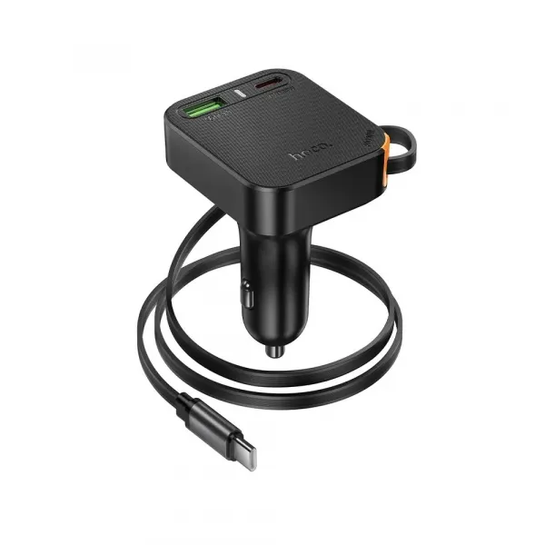 Hoco autonabíjačka so zatahovacím káblom 2x USB-C + USB-A, QC, PD, 65W, čierna