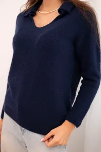 Legínovo Dámsky sveter z baby alpaky s golierom a výstrihom do V hnedý Farba: Modrá, Veľkosť: UNI