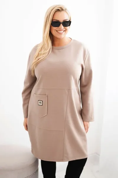 Legínovo Dámske plus size šaty maslové s vreckom a 3/4 rukávom béžová Farba: Khaki, Veľkosť: UNI