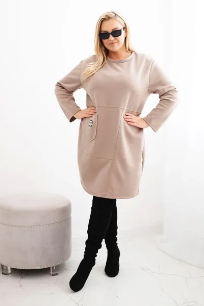 Legínovo Dámske plus size šaty maslové s vreckom a 3/4 rukávom béžová Farba: Khaki, Veľkosť: UNI