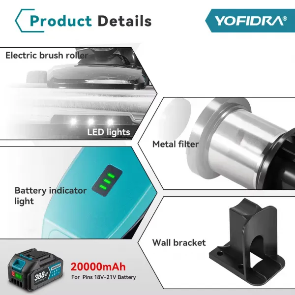 OneVAn / Newbeny OneVan / Yofidra 1600W bezkefový akumulátorový vysávač s LED podlahovou kefou 2 x batérie . Vhodné pre batériu MAKITA 18V