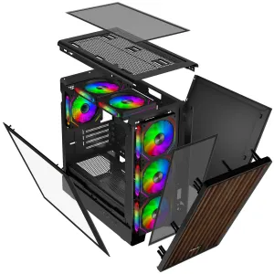 EVOLVEO Panthera, mATX skriňa, 6x ARGB 120 mm ventilátor, drevený predný panel + sklenený bočný panel